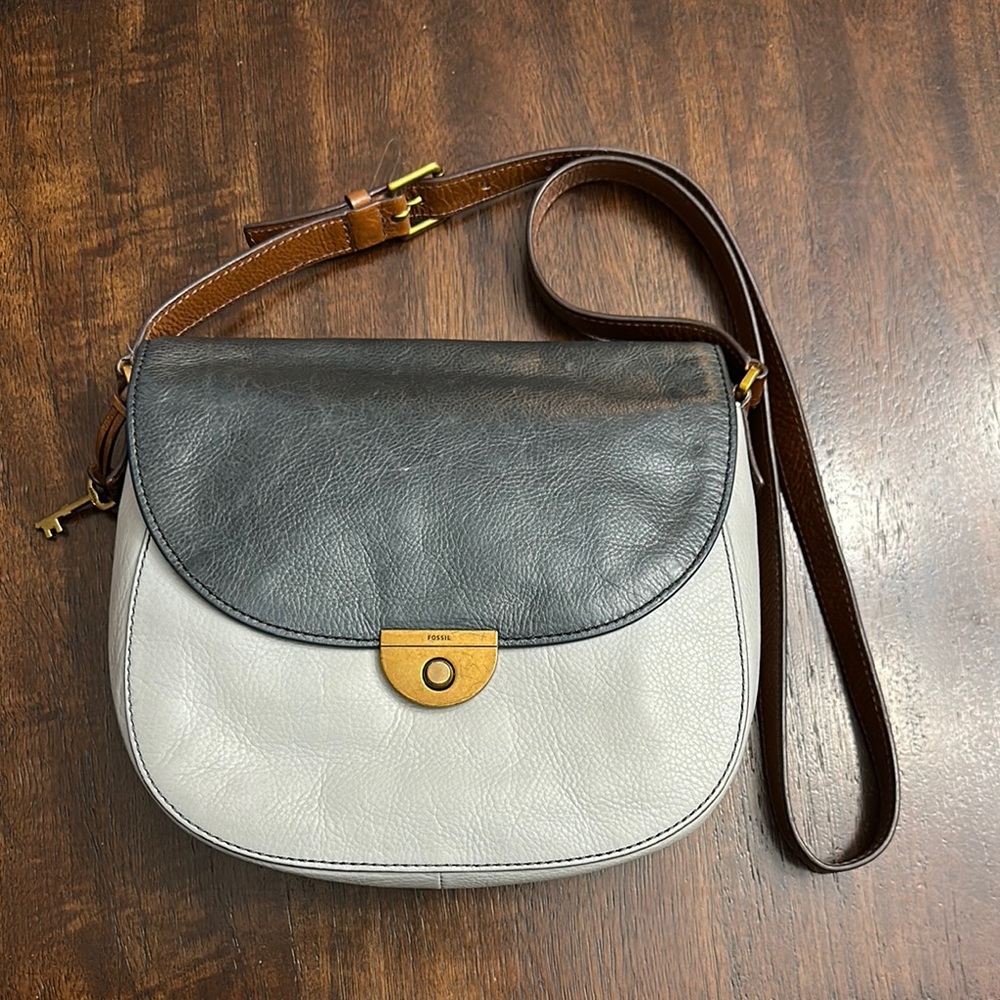 Fossil Blue Crossbody Bag with Brass Clasp